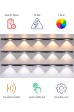 Sensörlü Şarjlı Mıknatıslı LED Işık 40 cm Siyah | Dimmerli 3 Işık Renkli Hareket Sensörlü Aydınlatma